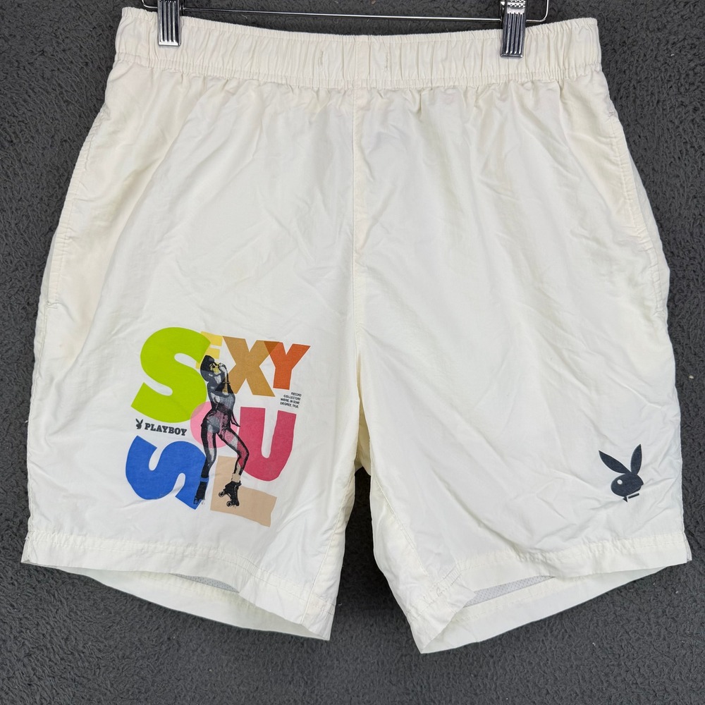 Playboy by PacSun Mens Sexy Soul Graphic Nylon Shorts Cream White Size M